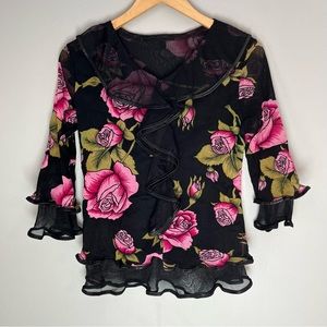 Mesh/Sheer Ruffled Pink Floral Blouse